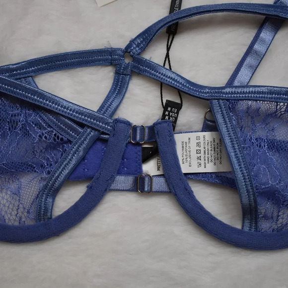 NWT PrettyLittleThing Sz M Purple Lace Asymmetric Strapping Detail Underwire Bra - Picture 3 of 10